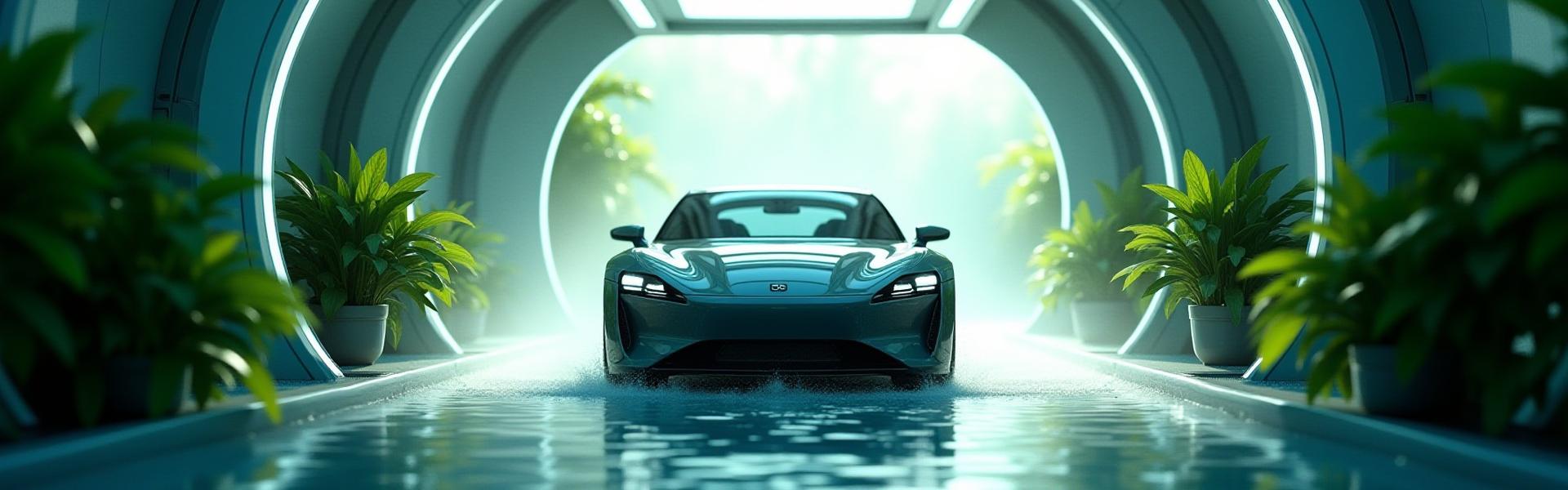 透明な水が流れるモダンな洗車機と緑豊かな葉の融合