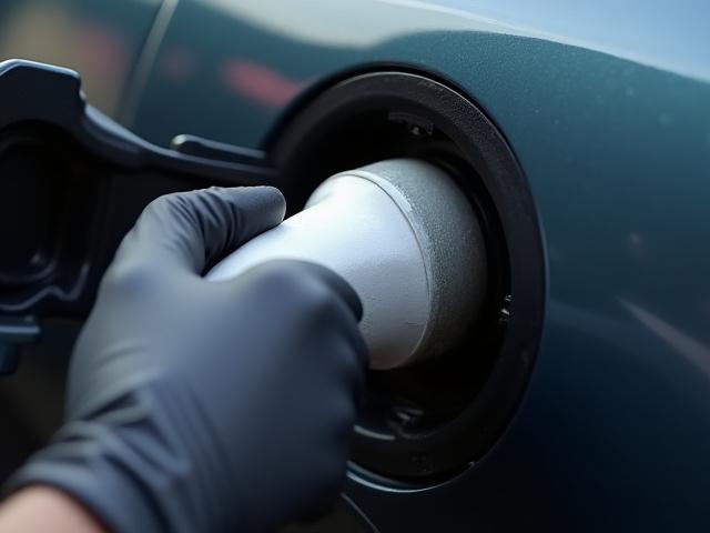 充電ポートに防水カバーとマスキングを施したEVのクローズアップ