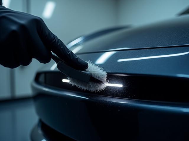 専門スタッフがEVのフロントセンサー部分を柔らかいブラシで丁寧に手洗いしている様子