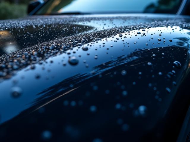 セラミックコーティングにより鏡面のように輝く車のボディ