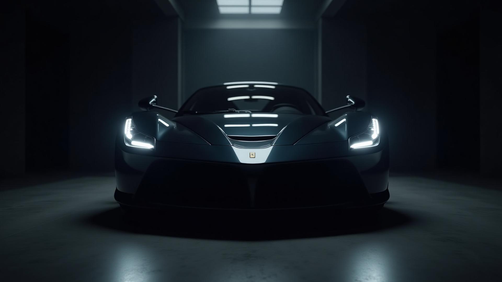 暗いガレージでスポットライトを浴びる磨き上げられた高級車の官能的なボディライン