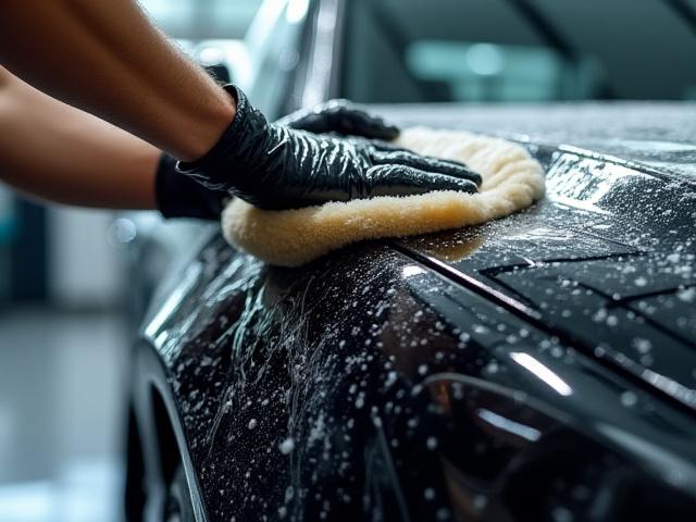 プロフェッショナルな外装洗車中の様子、熟練の技術者が車のボディを高圧洗浄している瞬間